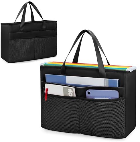Prokva Portable File Organiser Tote Bag with Handle, Hanging Filing Storage Box for Legal Size File Folder, Document Organizer for Home Office School Supplies, Black