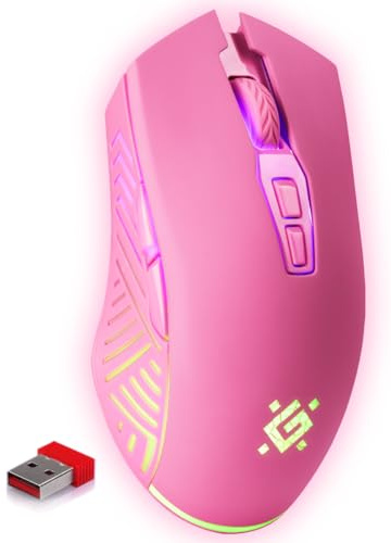 Defender® Pandora Kabellose Gaming Maus - Geräuschlose Klicks - 5 programmierbare Tasten - RGB-Beleuchtung(On/Off) - bis zu 120 hrs Akkulaufzeit - Wireless Gamer Maus für PC, Mac, Laptop, Rosa