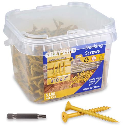 Eazy2hD Exterior Wood Screws # 10 x 2, T25 Star Torx Drive Deck Screws,466 PCS Flat Head Steel Self Tapping Outdoor Screws Fasteners, Rust Resistant