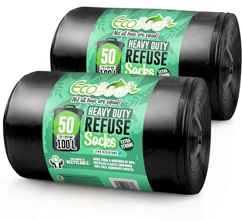 EcoBag- 50 Pack Extra Strong Heavy Duty Refuse Sacks - 70L - 33 Microns - Recyclable Bin Bags, Leak Resistant, Eco-Friendly, Durable Waste Disposal Bags for Household & Commercial Use (850mmx725mm)