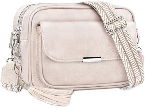 NEWIROVE Crossbody Bag Damen Leder Umhängetasche Damen Mittelgroß Handtasche Schwarz mit Breitem Gurt Verstelbaar Schultertasche Damen Mit Fransen Für den Einkauf Auf Reisen Casual,Beige