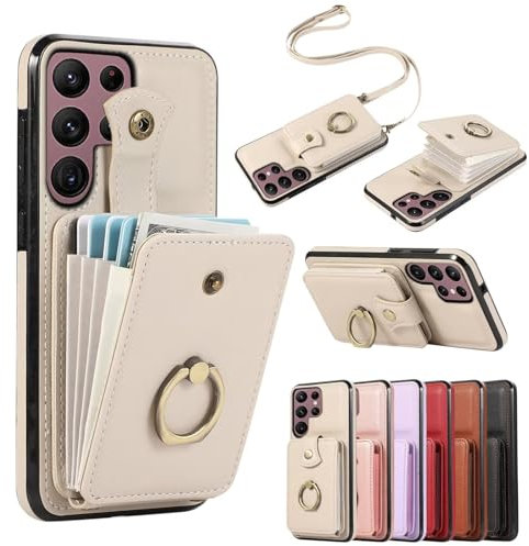 Beajew Kompatibel mit iPhone 6/iPhone 6S Hülle mit Kartenhalter, Handyhülle Wallet Cases für Frauen mit Band, Flip PU Leder Schutzhülle Luxus Handyhülle mit 360° Ring Ständer Hülle (Beige)