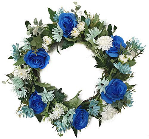JYCRA Hydrangea Wreath for Front Door Flower Wreaths Floral Blue Hanging Spring Summer Wreaths Farmhouse Wreath Front Door with White Rose and Blue Peony Flower for Wedding or Home Decoration(#1)