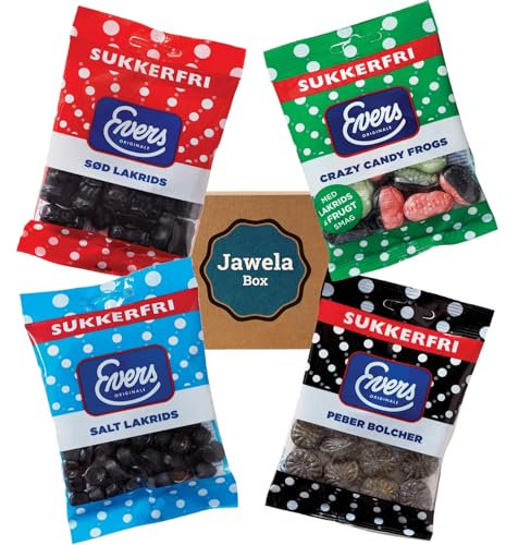 Zuckerfrei Lakritz Set Evers Salzlakritz, Süßlakritz, Peber Bonbons, Lakritz Frucht Frogs - 4 Tüten sugarfree Lakritz Jawela Box - ohne Zucker, kalorienreduziert