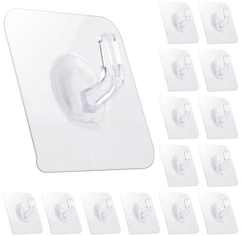 COMNICO 15 Pack Adhesive Hooks Heavy Duty Utility Hooks Clear Plastic Sticky Hanging Hook Damage Free Hanging Waterproof and Oilproof for Home Kitchen Bathroom Office Multiple Uses