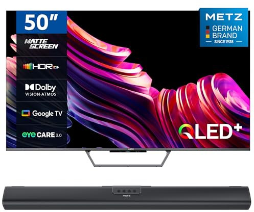 Metz Smart TV, MQE7600Z, 50, QLED, 4K, UHD, HDR 10+, Google TV, Matte Screen, Eye Care, Flicker-Free, Auto Ambient Light Sensor, HDMI, USB, Grigio Soundbar Bluetooth, MSE3001Z