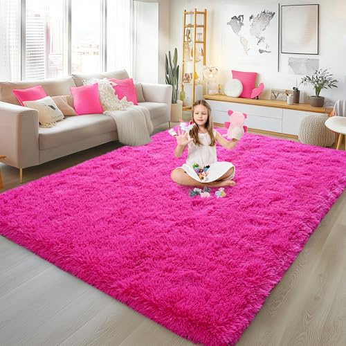 Weicher, flauschiger Teppich für Wohnzimmer, 10,2 x 15,2 cm, Hot Pink, Zottelteppich für Schlafzimmer, Wohnzimmer, rutschfest, flauschiger Teppich für Mädchen, Jungen, Kinder, Überwurf-Teppiche für