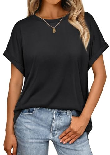 Cuptacc Tshirt Damen Sommer Kurzarm Rundhals T-Shirt Basic Oversize Top Damen Einfarbig Oberteil Freizeit 2XL 50-52 Schwarz