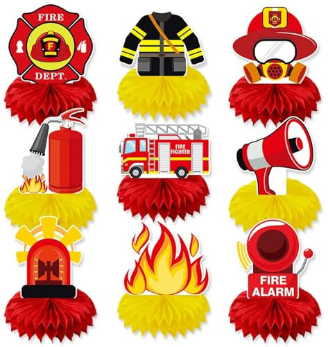 9 Stück Set Feuer-Thema Geburtstagsfeier Dekoration, Waben Ornament, Feuerwehrauto Tabletop Dekoration Arrangement für Kindergeburtstag Party Dekoration, Geschenk