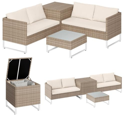 STEELSØN Polyrattan Sitzgruppe mit Aufbewahrungsbox Alniyat, Gartenmöbel Set mit 2X Gartenbank, 1x Tisch, Rattan Lounge für den Garten für 4 Personen beige