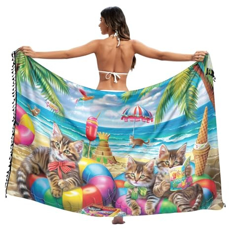 Pareo für den Strand, weiße Katze, Pareo mit Fransen, Wickeltuch für den Sommer