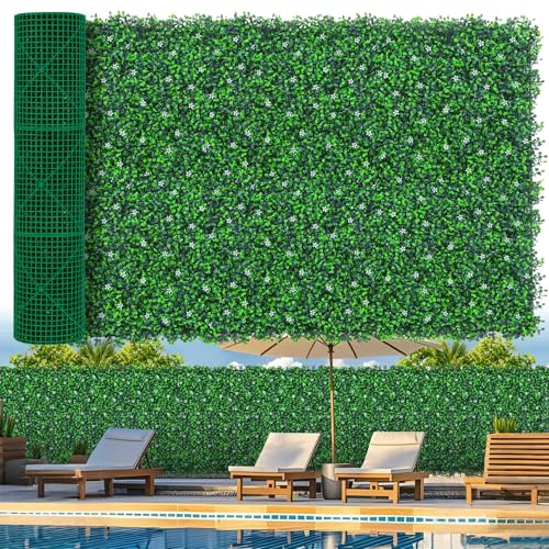 Grooy 48x 120(40 sq.ft) Artificial Boxwood Roll Panels with Flowers, UV-Anti Faux Ivy Leaves Privacy Fence Screen, Grass Wall Roll Panels for Indoor Home Decor and Outdoor Garden Backyard