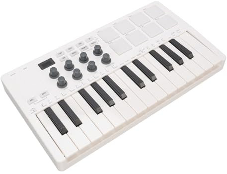 25 Key USB MIDI Keyboard Controller with 8 RGB Drum Pads, 8 Assignable 360 Degree Knobs and 2 Capacitive Touch Strips, Support Bluetooth Connection, for Beginners