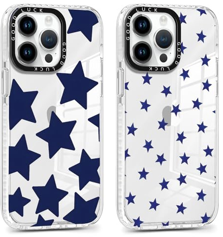 Foonary 2 Pack Transparent Blue Star Print Phone Case for iPhone 14 Pro 6.1,Soft Silicone with Fashion Design Aesthetics Clear Pattern Cases, Shockproof Bumper Protector Girls Women Cover