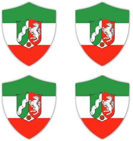 Aufkleber: 100 mm, 4 Stück - Flagge Schild - Deutschland - Nordrhein-Westfalen mit Wappen - DE-NW-COA - für Auto, Laptop, Koffer und mehr