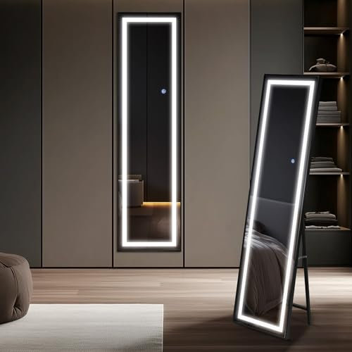 Trintion Ganzkörperspiegel mit Beleuchtung 150x40cm | Beleuchteter Kosmetikspiegel mit Touch-Schalter & 3 Lichtfarben | Freistehender Standspiegel oder Wandspiegel | HD-Bruchsicher | Schwarz