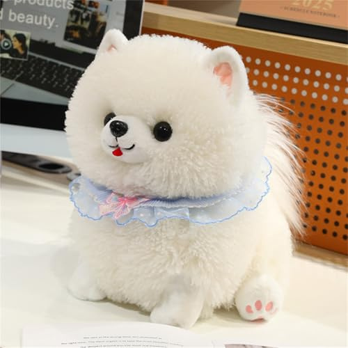 Xiyocadt Simulation Pomeranian Plüschtier,Pomeranian Kuscheltier,Hund Lebensecht,Hunde Kuscheltier Für Kinder,Weiche Kuschelige Stofftier Puppe Mit Schleife Schal Für Kinder Mädchen (25cm,Weiß)