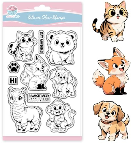 GLOBLELAND Transparente Stempel Mit Niedlichen Tieren Zum Basteln von Karten Cartoon Katze Hund Transparenter Stempel Fuchs Bären Alpakas Silikonstempel Siegel Für DIY Scrapbooking Fotoalbum