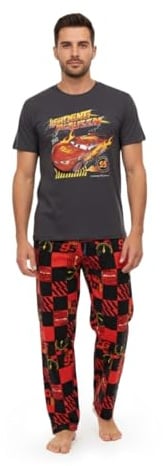 Disney Cars Lightning McQueen Mens Black and Red Short Sleeve Long Leg Pyjama Set | 'I am Speed' Graphic Sleepwear for Lounging | Movie-Themed Nightwear Merch