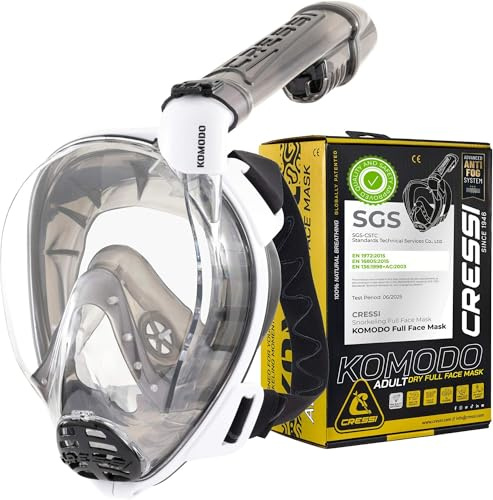 CRESSI dal 1946-Komodo Full Face Maschera Integrale Dry da Snorkeling Visione a 180°-CO2 Sicuro-Silicone 100% Anti Appannamento-Snorkel Laterale-Cinghie Elastiche Regolabili-Bianco/Nero-M/L