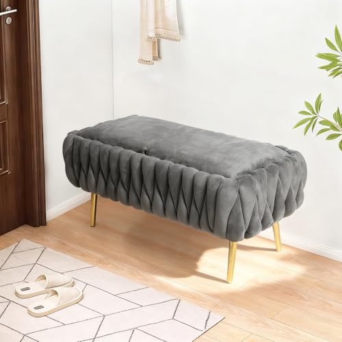 Cozykimo Sitzbank mit Stauraum, Samt, Bettbank Gepolstert, Sitztruhe mit Stauraum, 105 cm Gold Metallbeine, bis 300 Kg Belastbar für Flur Eingangsbereich Wohnzimmer Schlafzimmer (Grey)