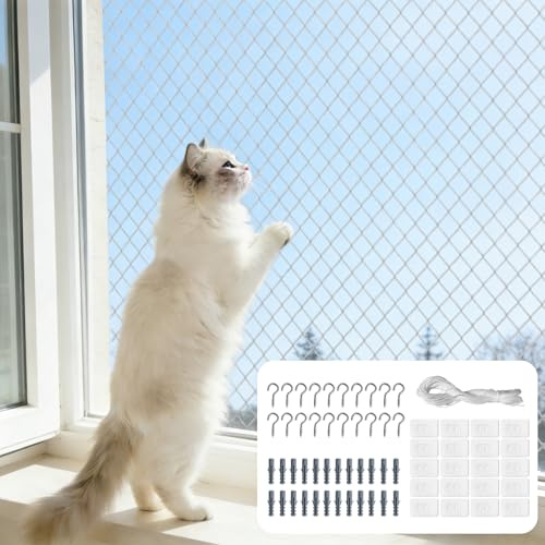 Hainue Katzennetz für Balkon, 10x3m Katzennetz Drahtverstärkt Ohne Bohren | Transparentes Katzenschutznetz für Katzen mit 30m Befestigungsseil, UV Beständig, Geeignet für Balkone, Terrassen und Fenster