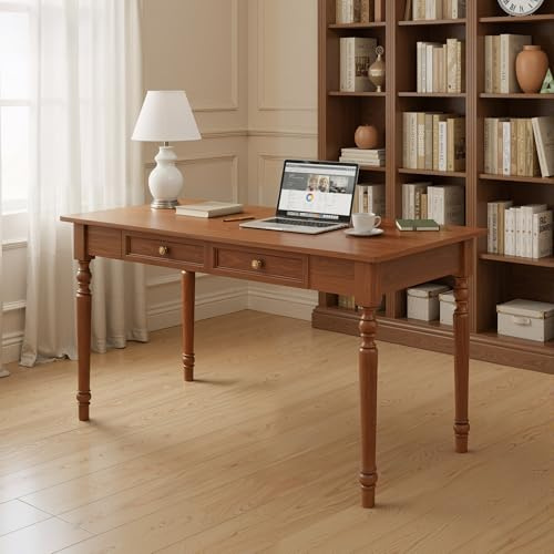 Schreibtisch/landschreibtisch/Sekretär/Konsolentisch,Massives Gummibaumholz, mit Schubladen, Höhe 76cm, Vintage für Büro und Home-Office(Walnuss,80x60cm)
