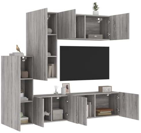 Holamys 5-TLG. Wohnwand Grau Sonoma Holzwerkstoff, Wandmontage TV-Schrank Set, Modernes Entertainment Center für Wohnzimmer, Schlafzimmer, Büro, Feuchtigkeitsbeständig, 170-190 Zeichen