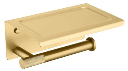 Toilet Roll Holder Wall Mounted with Shelf, Brushed Gold Toilet Paper Holder for Bathroom & Kitchen, Brass, Waterproof & Rust Resistant