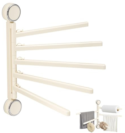5 Armig Handtuchhalter Ohne Bohren Weiß, Saugnapf Handtuchstange Badetuchhalter 180°Schwenkbar Duschwand Badezimmer Wandmontage Habdtuchhalterung für Küche WC Garderobe Bad