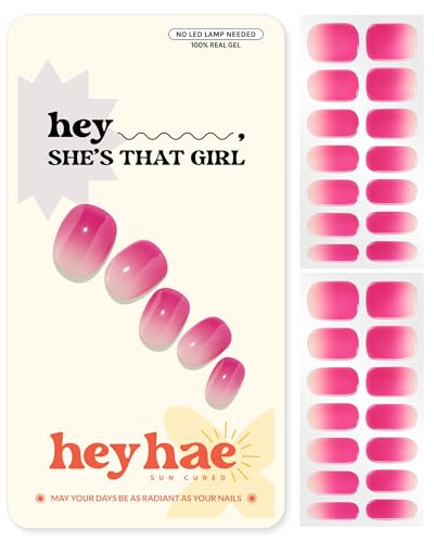 Heyhae Semi Cured Gel Nail Strips | No LED Lamp Needed |Pink, Ombre | Easy Apply & Remove, Salon Quality | Includes 28 Strips, 2 Prep Pads, Nail File & Wooden stick - Hey, She’s that girl