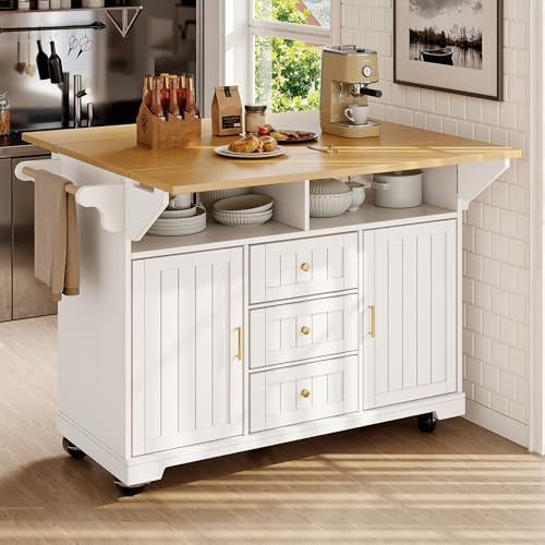 Kitchen Island on Wheels, Rolling Kitchen Storage Trolley with Foldable Tabletop, 3-in-1 Multifunctional Dining Table with Shelves Drawers Towel Rail & Spice Rack, Serving Cart Extendable (White-A)