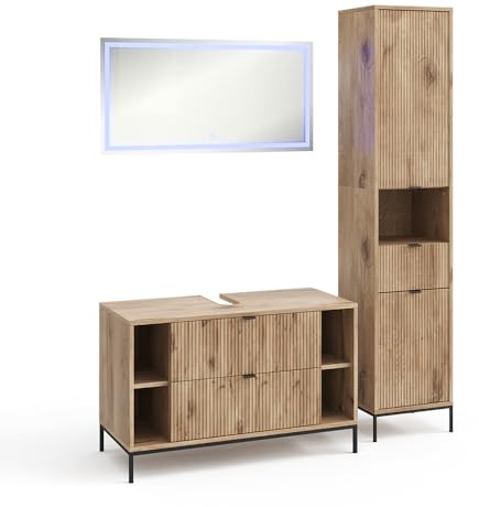 Vicco Badmöbel-Set Eliza, Viking Oak, 100 cm | besteht aus Waschbeckenunterschrank, Spiegelschrank und Hochschrank