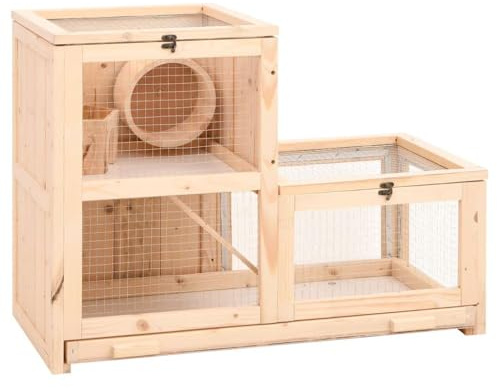 Teenpull Hamsterkäfig Massivholz Tanne 81x40x60 cm mit 2 Etagen Laufrad Drahtgitter Kleintierkäfig für Meerschweinchen Kaninchenstall Hasenstall Nagerkäfig Outdoor Indoor platzsparend