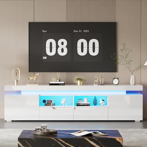 TRIOBLADE 200cm TV Stand Cabinet with Storage White High Gloss TV Unit Cabinet with LED Lights Modern Entertainment Unit for Living Room Bedroom for up to 75 TVs (White tv stand with top)
