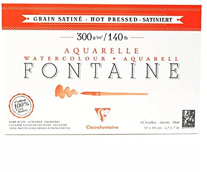 Clairefontaine - Ref 96348C - Fontaine Hot Pressed Watercolour Glued Pad (12 Sheets) - 12 x 18cm Size, 300gsm Paper - Suitable for Watercolour Artwork