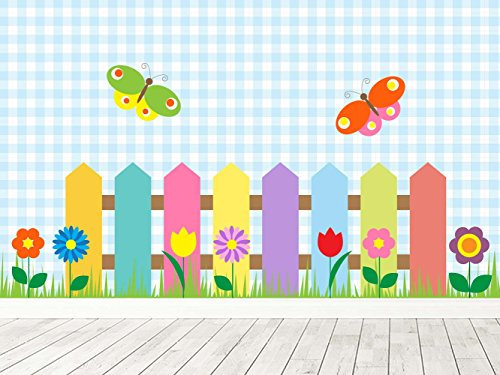 Fototapete Vinyl und Tapeten Zaun bunt mit Blumen und Schmetterlingen | Wandtapete | Wandtapete | Deko Vinyl | Wand | Tapeten | verschiedene Größen | Dekoration für Esszimmer, Wohnzimmer,