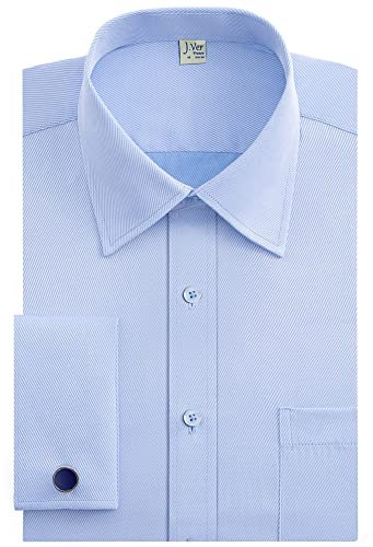 J.VER Men's Blue Formal Shirt Double Cuff Long Sleeve Cufflinks Dress Shirt Work Business Cotton 17 Neck 32-33 Sleeve