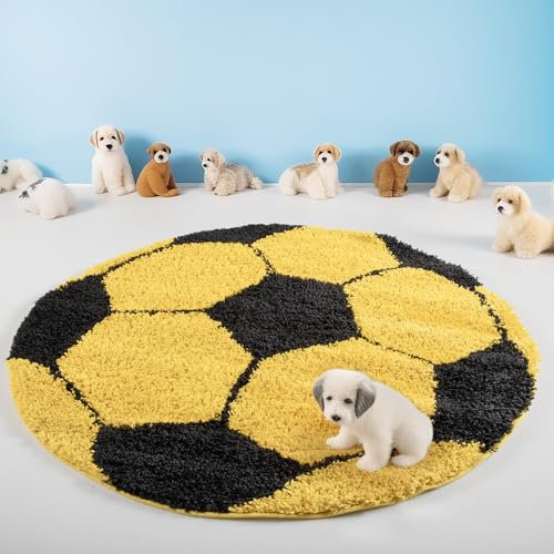 Teppium Kinderteppich Hochflor 120 cm Rund Gelb - Fussball Teppich für Jungen und Mädchen, Extra Weich, Flauschig und 30 mm Florhöhe - Runder Teppiche fürs Kinderzimmer, Babyzimmer und Spielzimmer