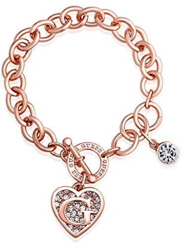 GUESS Rose Gold-Tone Round Link Chain Bracelet with Heart & Logo Charms, One Size, Base Metal, No Gemstone