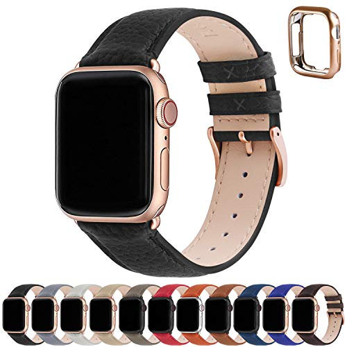 Fullmosa Bracelets en Cuir Véritable 41mm 40mm 38mm Compatible avec Bracelet Apple Watch Femmes Hommes,Ceinture de Remplacement pour iWatch SE SE2 Series 9/8/7/6/5/4/3/2/1 Noir+Or Rose Fermoir
