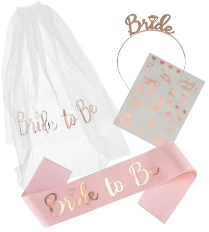 AIBAOBAO Bride to Be Schärpe & Schleier Set - Frauen Junggesellinnenabschied Accessoires Weiß - Braut JGA Rosegold Tiara Stirnband - Hochzeit Fotorequisiten & Spiele Zubehör für Bachelorette Party