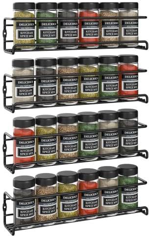 Vinsani 1/2/3/4/5/6 Tier Spice Racks Organiser - 4 Tier Flexible Herb Spices Condiments Jar Wall Mounted Hanging Storage with Adhesive Stickers & Screws For Pantry Kitchen Walls (Black)