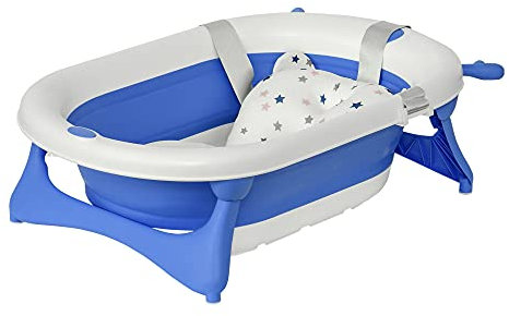 HOMCOM Bañera Plegable para Bebé Bañera Bebé 0-3 Años 81,5x50,5x23,5 cm con Tapón Termosensible Cojín y Almohadillas Antideslizantes Azul