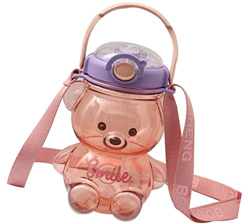 WINBST Gourde pour enfant - Motif ours kawaii - Avec paille et dragonne - Bandoulière réglable - 1400 ml - Pour les voyages en plein air
