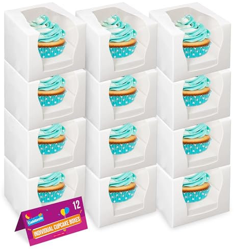 SOL 12 Pack of Individual Cupcake Boxes – 9cm x 9cm x 9cm - Square White Card Boxes with Clear Window – Perfect for Muffins, Cup Cakes, Parties, Events, Weddings, Home Baking