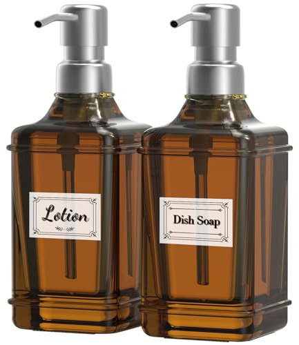 ACCL Glass Soap Bottle with Stainless Steel Pump, 12 Oz Versatile Refillable Liquid Hand Jar Dispenser for Bathroom, Countertop, Kitchen, Laundry Room with 8 Waterproof Labels, Brown