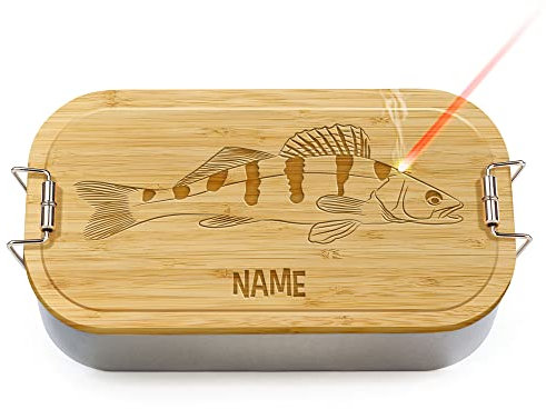 PR Print Royal Brotdose mit Gravur selbst gestalten - Zander - mit Name personalisieren - Geschenke für Angler, Fischer und Fans vom Angelsport - Lunchbox, Holzdeckel, BPA-frei, 600 ml