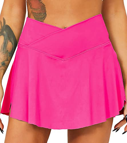 TZLDN Gonna da tennis – Gonna sportiva da donna con pantaloncini, gonna da tennis, gonna estiva, per allenamento all'aria aperta, A10 rosa fluo – forma a V + con tasche, X-Small