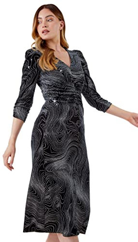 Roman Originals Glitter Marble Print Ruched Velvet Dress for Women UK - Ladies Everyday Holiday Autumn Winter V Neckline 3/4 Sleeves Comfy Soft Evening Vacation Work Party - Silver - Size 10